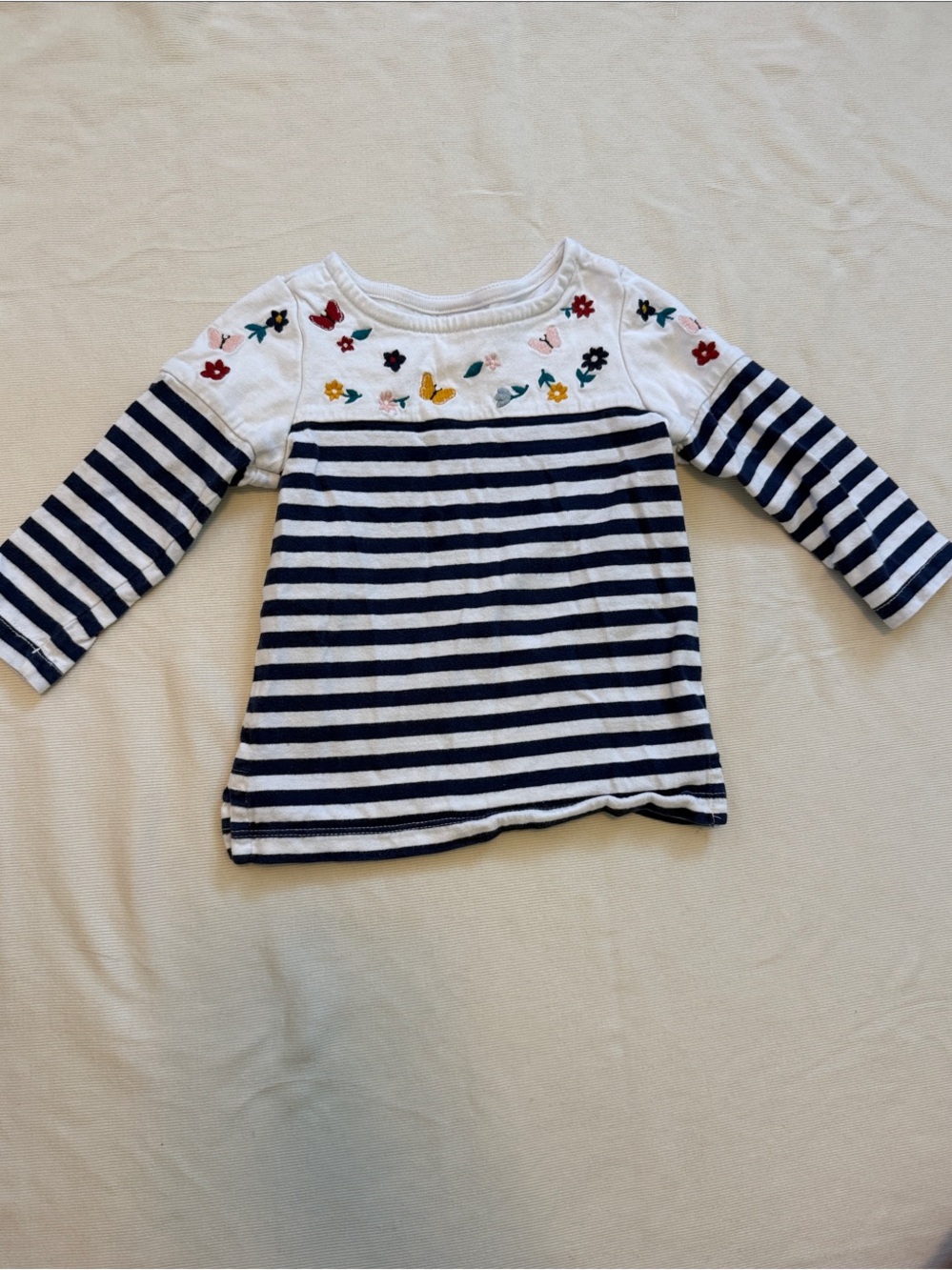 Hanna Andersson 3T Navy Stripe Embroidered Floral Long-Sleeve Top